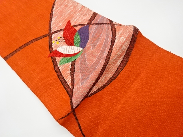 リサイクル　手織り真綿紬花に抽象模様織出し名古屋帯